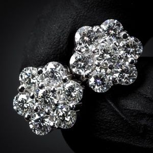 White Gold Flower Cluster 925 Sterling Silver Cz Stud Large Screw Back Earrings